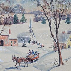 Mixed Media on Board “Snowy Winter Scene with Horse Drawn Carriage, Church and Town Folk”