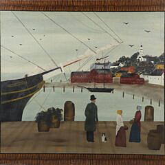 Hope R. Angier Folk Art Oil on Panel “Harbor Scene” Signed Angier