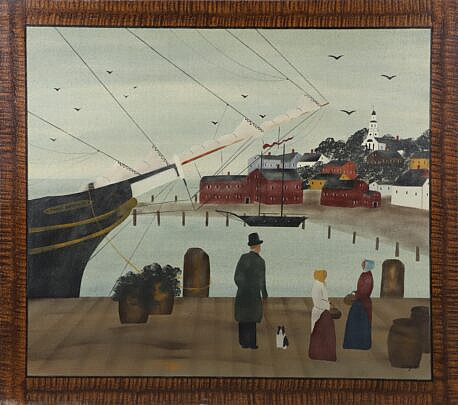 Folk Art Oil on Panel "Harbor Scene" Signed Angier 
