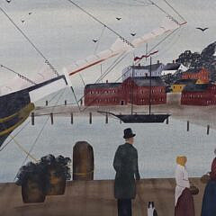 Hope R. Angier Folk Art Oil on Panel “Harbor Scene” Signed Angier