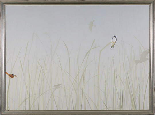 Contemporary Oil on Canvas "Birds in Tall Grass", monogramed lower right in silver gilt frame