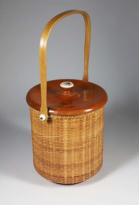 Jean m. Valerio Woven Nantucket Ice Bucket, Circa 1998, turned cherry wood cover with scrimshaw scallop shell grip, engraved on base Jean M. Valerio 1998