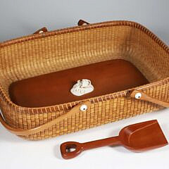 Jean M. Valerio Woven Beach Sand Rectangular Form Nantucket Basket, Circa 2003, double swing handles, shovel and applied sand carving with shells and basket, weaver