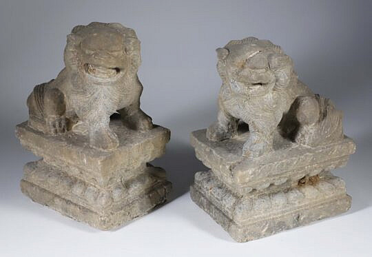 Pair of Chinese Carved Stone Foo Lions, 19th Century
