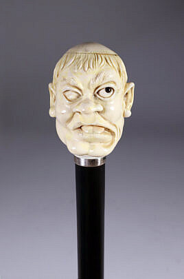 Automata Carved Monk Head With Rolling Eye and Tongue Walking Stick, circa 1890