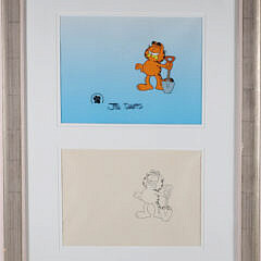 Jim Davis Animation Cell "Garfield Holding the Shovel" Circa 1999, pencil sketch and cell matted and framed
