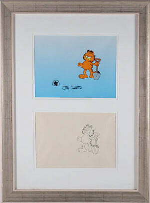 Jim Davis Animation Cell "Garfield Holding the Shovel" Circa 1999, pencil sketch and cell matted and framed