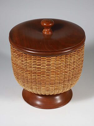 Contemporary Covered Pedestal Nantucket Basket, Circa 2015, round form with cherry wood cover and base 