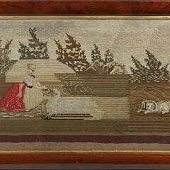 Large English Needlework, 19th Century, depicting a woman feeding a sawn with dog in a landscape setting, in rosewood frame with gilt liner