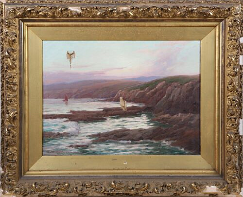 Alexander M. Fleming Oil on Canvas "Rocky Shoreline", 19th Century, inscribed on reverse "Evening Twilight - West Coast of Scotland A.M. Fleming," in broad gilt frame 