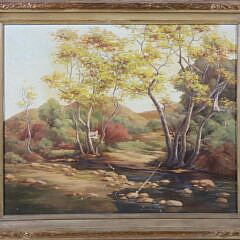 E. Graham Douglas Antique Oil on Canvas "River Landscape", in carved partial gilt frame