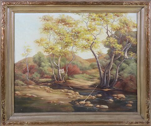 E. Graham Douglas Antique Oil on Canvas "River Landscape", in carved partial gilt frame