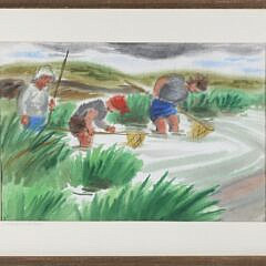 Marion Eaton (American 20th Century) Pastel on Paper "Crabbing Long Pond", titled lower left and monogramed lower right, matted and framed. eaton was a pupil of john sloan 