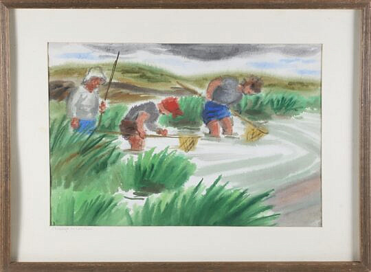Marion Eaton (American 20th Century) Pastel on Paper "Crabbing Long Pond", titled lower left and monogramed lower right, matted and framed. eaton was a pupil of john sloan 