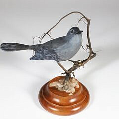 Diana Rich Carved Wood Sculpture of a Gray Catbird on a Branch