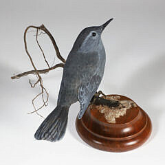Diana Rich Carved Wood Sculpture of a Gray Catbird on a Branch