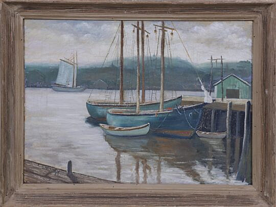 C.A. Wilson Oil on Canvas "New England Harbor Scene", circa 1952 signed and dated lower left C.A Wilson, 1952 in driftwood frame