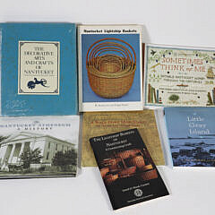 7 Nantucket Books: "Sometimes Think of Me", "Little Gray Island" unopened copy of "The Decorative Arts and Crafts of Nantucket", "The Nantucket Atheneum a History", "A Walk Down Main Street - The Houses and Their Histories", "The Lightship Baskets of Nantucket - a Continuing Craft", "Nantucket Lightship Baskets"