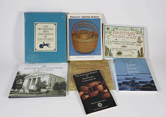 7 Nantucket Books: "Sometimes Think of Me", "Little Gray Island" unopened copy of "The Decorative Arts and Crafts of Nantucket", "The Nantucket Atheneum a History", "A Walk Down Main Street - The Houses and Their Histories", "The Lightship Baskets of Nantucket - a Continuing Craft", "Nantucket Lightship Baskets"