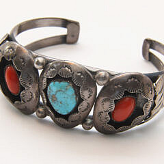 Vintage Navajo Dine Sterling Silver and Turquoise Cuff Bracelet Signed T.G.