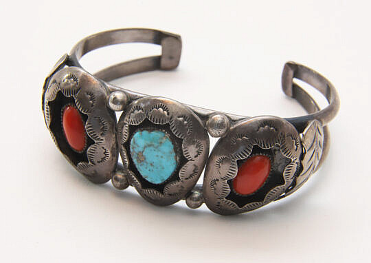 Vintage Navajo Dine Sterling Silver and Turquoise Cuff Bracelet Signed T.G.