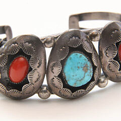 Vintage Navajo Dine Sterling Silver, Turquoise, and Coral Cuff Bracelet, Signed T.G.