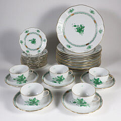 Herend Hand Painted Porcelain Partial Dinner Service in the Green Apponyi Pattern