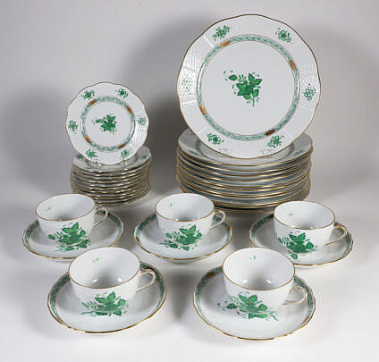 Herend Hand Painted Porcelain Partial Dinner Service in the Green Apponyi Pattern