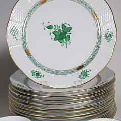 Herend Hand Painted Porcelain Partial Dinner Service in the Green Apponyi Pattern
