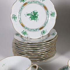 Herend Hand Painted Porcelain Partial Dinner Service in the Green Apponyi Pattern