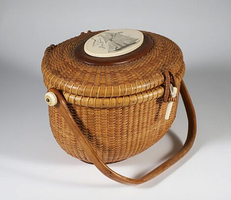 Chin Manasmontri Nantucket Friendship Basket, Circa 1977, with American schooners 