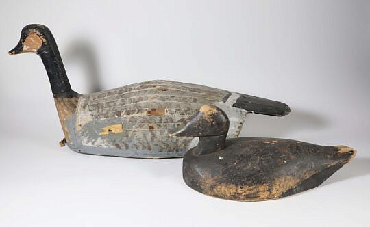 Antique American Folk Art Canvas Canada Goose and Black Sea Duck Decoys 