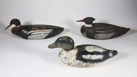 Three Antique American Folk Art Duck Decoys including two mergansers and one black and white mason