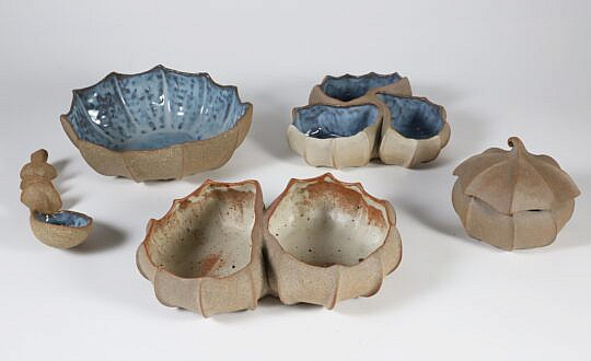 4 Vintage Mid Century Barbara Walch Stoneware Art Pottery Vessels, signed on undersides 