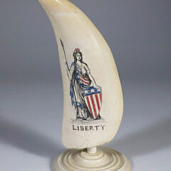 David Lazarus Polychromed Scrimshaw Whale Tooth, “USS Constitution” and “Lady Liberty”