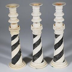 Set of Three Finely Carved Bone Sandwich Lighthouse Candlesticks