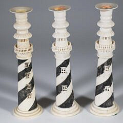 Set of Three Finely Carved Bone Sandwich Lighthouse Candlesticks