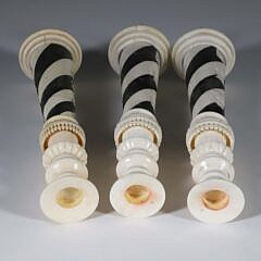 Set of Three Finely Carved Bone Sandwich Lighthouse Candlesticks