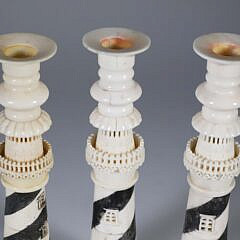 Set of Three Finely Carved Bone Sandwich Lighthouse Candlesticks