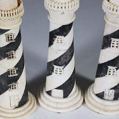 Set of Three Finely Carved Bone Sandwich Lighthouse Candlesticks