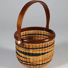 Bud Sloan Contemporary Round Open Swing Handle Nantucket Basket with contrasting color weaving
