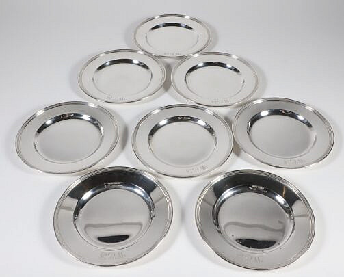 Eight International Sterling Silver Bread Plates, Lord Saybrook pattern, line molded rim, engraved with monogram WEF
