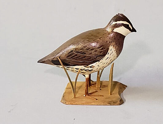 Miniature Hand Carved and Painted Shorebird Quail Decoy, signed upon the base F.J.A.