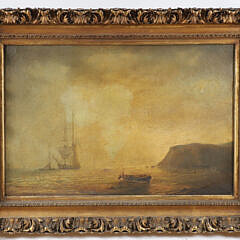 19th Century French Oil on Canvas "Ships at Anchor" Seascape, in period gilt frame