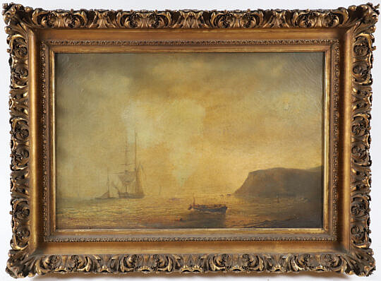 19th Century French Oil on Canvas "Ships at Anchor" Seascape, in period gilt frame
