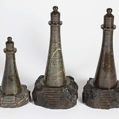 Three Cornish Carved Serpentine Stoneware Stoneware Lighthouse Models, 20th Century made in England; carved from the distinctive red and green stone found on the lizard peninsula, cornish serpentine lighthouses became popular in the mid 19th century.