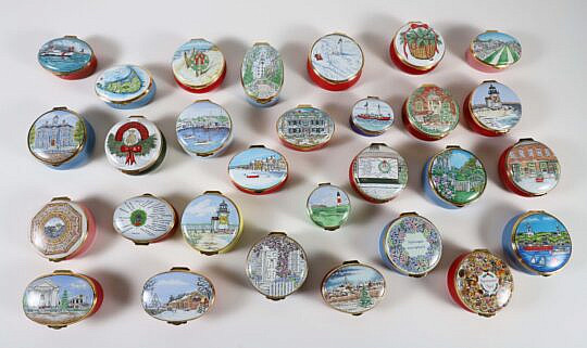 Collection of 29 Nantucket Enamel Boxes from Andersons, in both Christmas and spring and summer motifs 