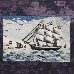 Antique Clipper Ship Hooked Rug Mounted on Board, with lighthouse on headland 