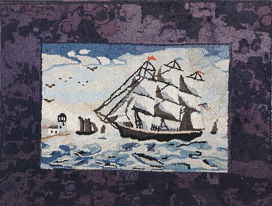 Antique Clipper Ship Hooked Rug Mounted on Board, with lighthouse on headland 