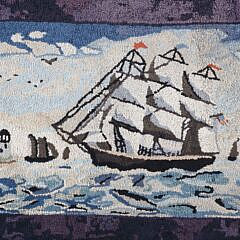Antique Clipper Ship Hooked Rug Mounted on Board